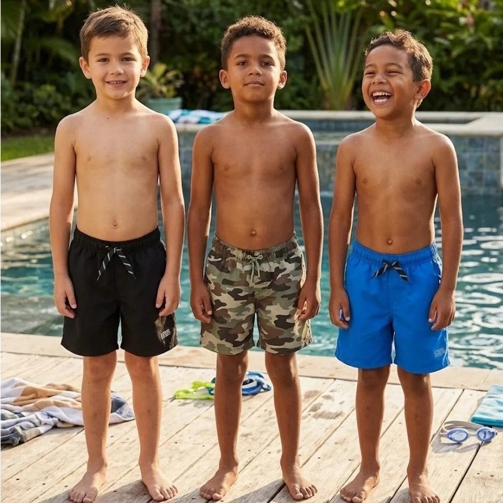 Wonder Nation  Boys Swim Trunks Set in Black, Blue, and Green Camo